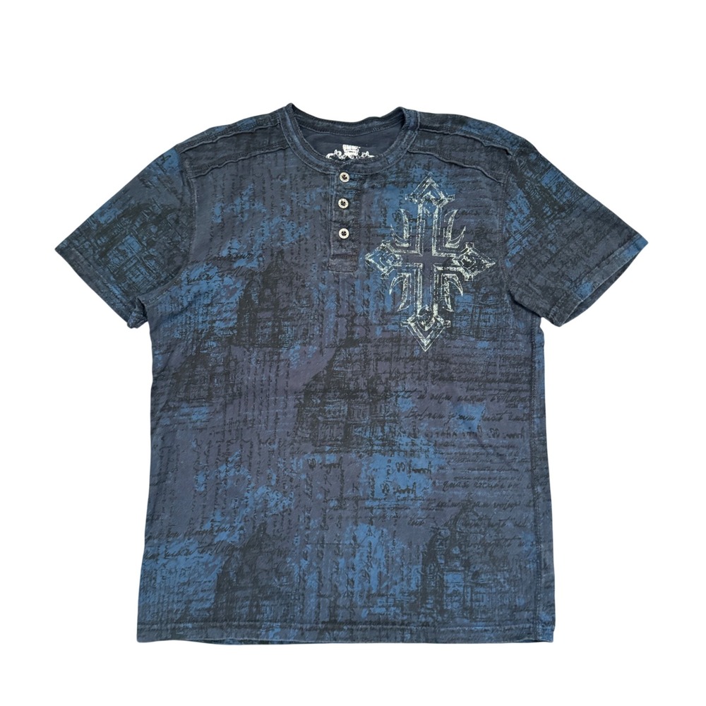 Helix Mens Blue Black Cross Graphic Henley Short Sleeve Shirt Size Medium